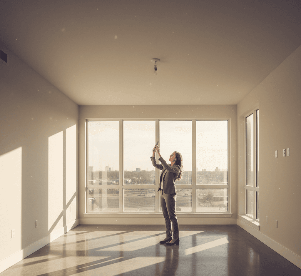 Property appraiser photographing ceiling in empty apartment